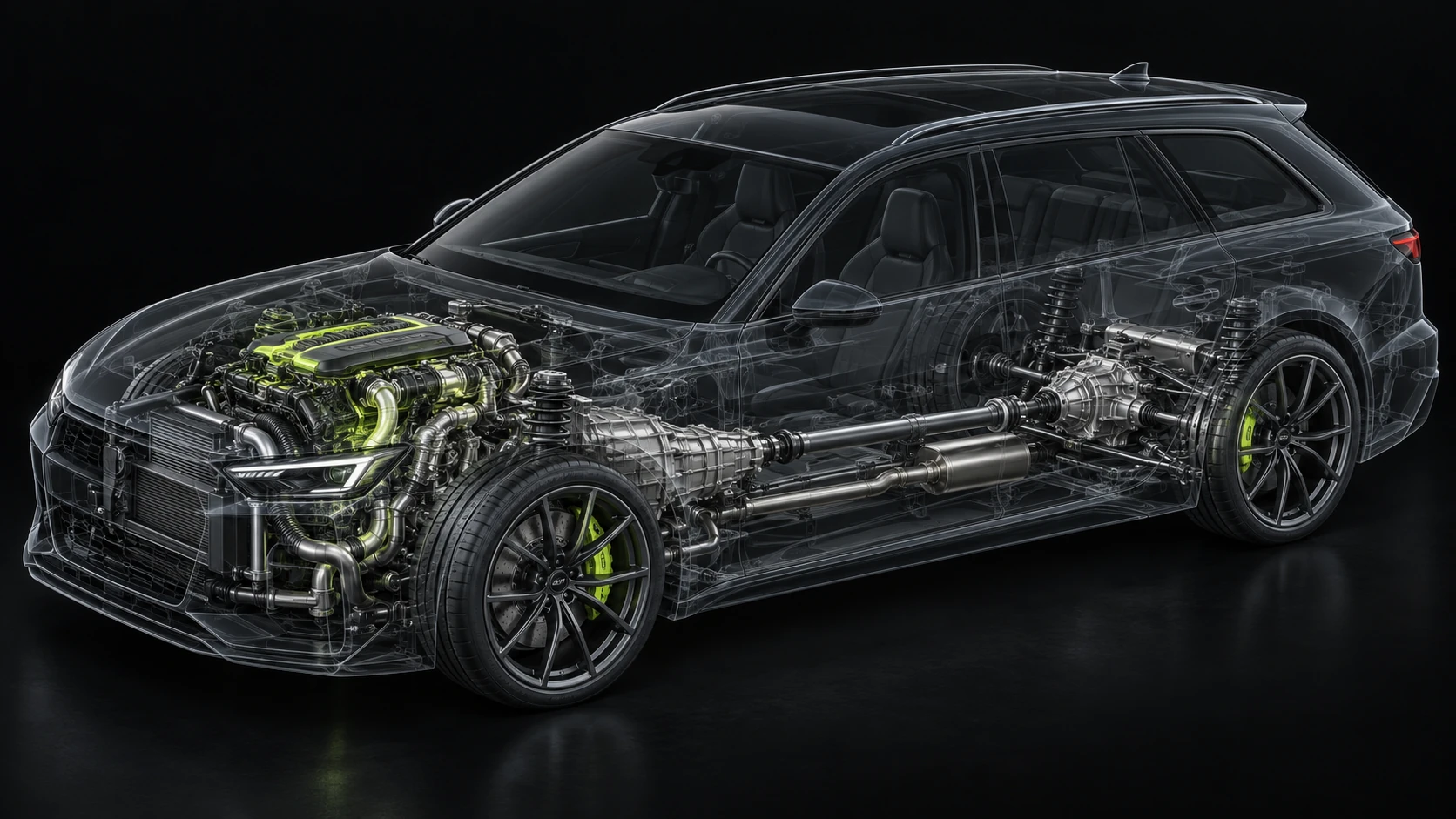 Künstlerischer Einblick in Motor und Antriebsstrang eines transparent dargestellten Autos
