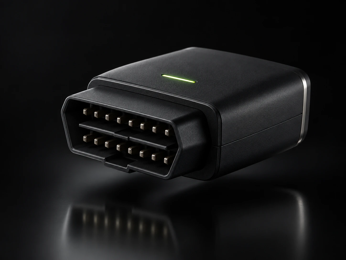 Künstlerischer Designentwurf eines schwarzen Soraka OBD-Adapters mit grünem Statuslicht